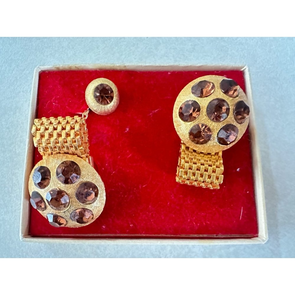 Celebrity NY vintage gold tone amber rhinestones mesh cuff links tie tack set